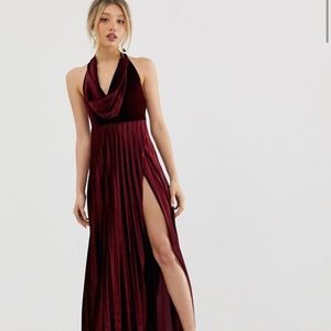 Sexy leg slit burgundy dress